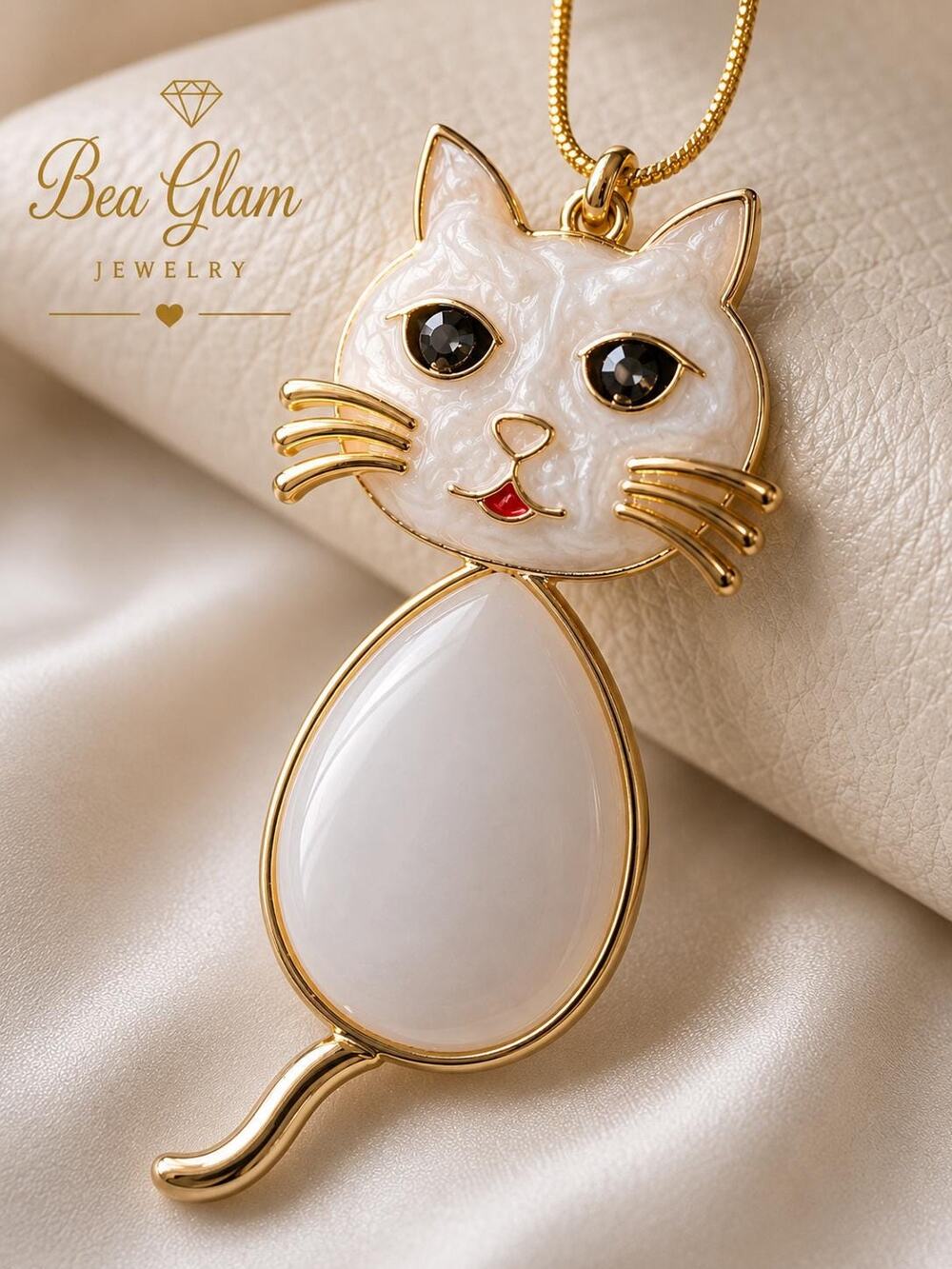 Natasha Couture White Cat Pendant Necklace | Crystal Eyes, Gold Tone